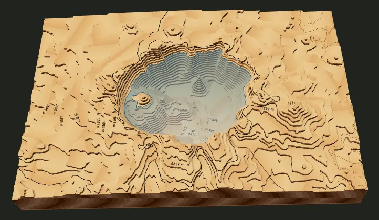 Crater Lake relief with surveyed lake floor, rendered in TopoStack.