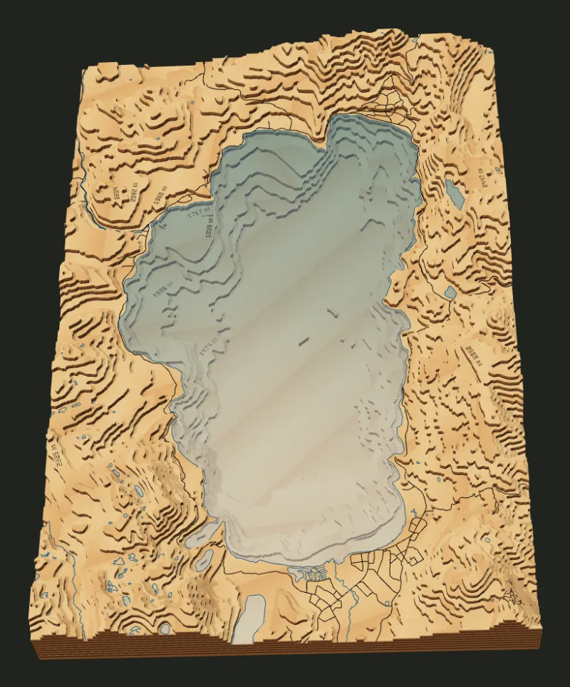 Lake Tahoe layered relief rendered in TopoStack.