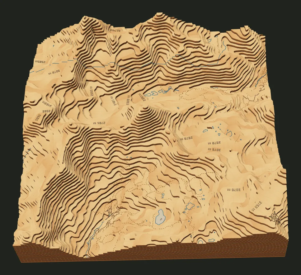 Matterhorn as a 28-layer laser-cut relief, rendered in the TopoStack studio.