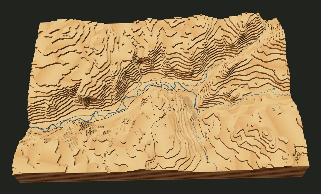 Yosemite Valley as a 18-layer laser-cut relief, rendered in the TopoStack studio.