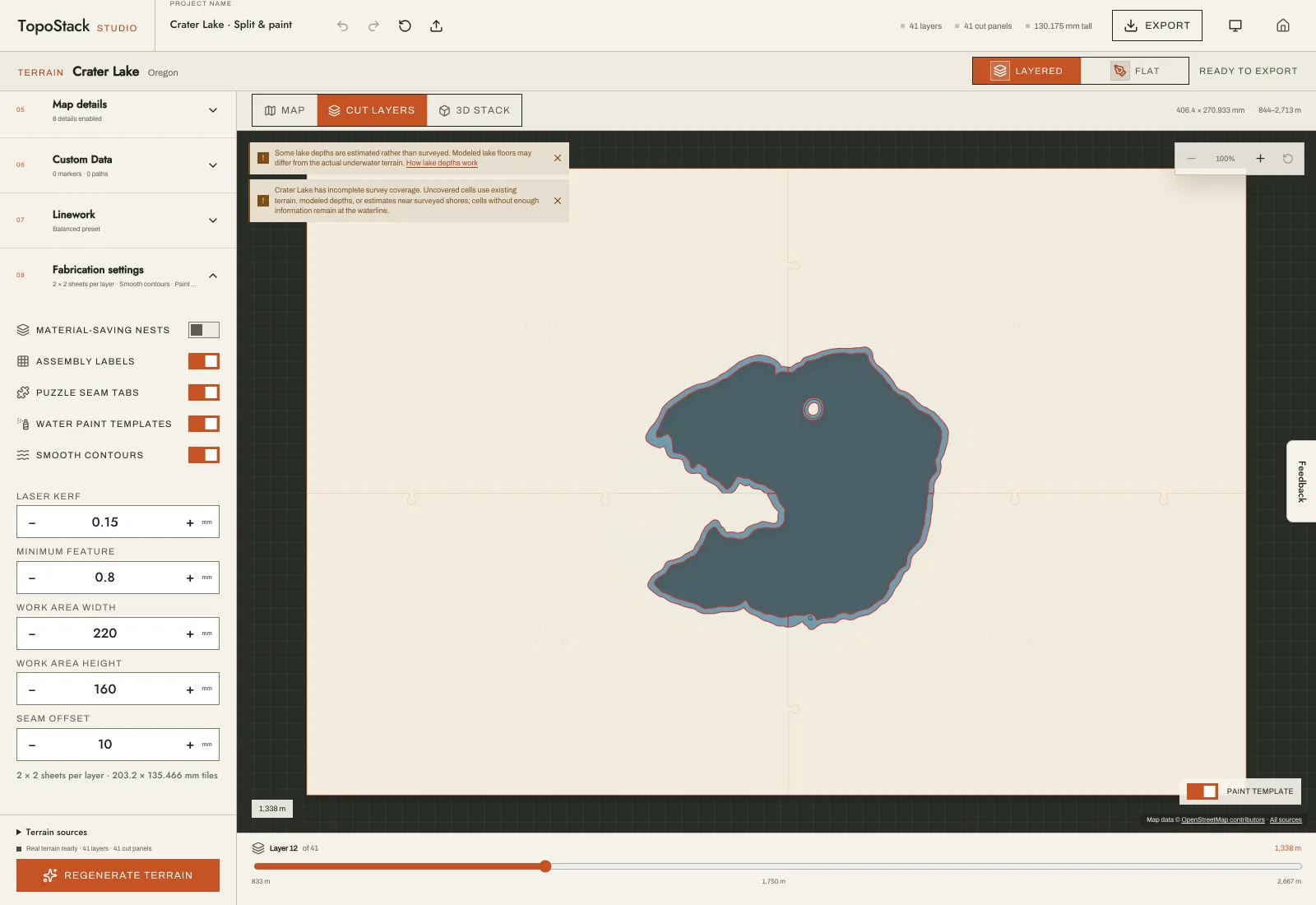 Paint template preview of a lower layer, where the stencil window follows a smaller, deeper step of the Crater Lake basin.