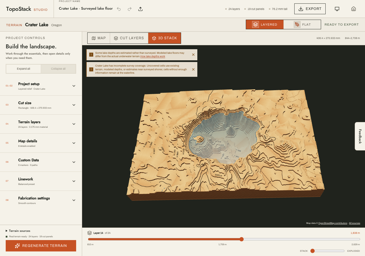 Freshly generated Crater Lake relief in TopoStack with USGS surveyed lake-floor bathymetry.
